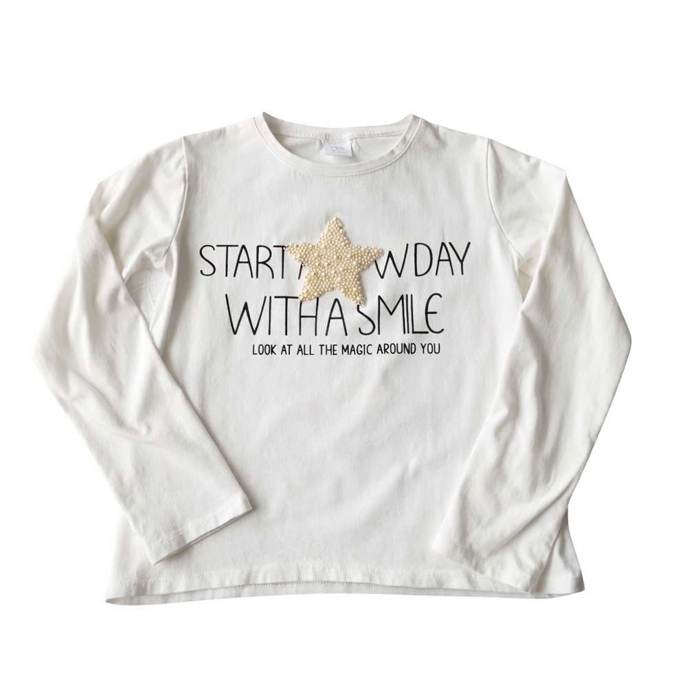 ZARA Girls Cream Star Graphic Long Sleeve Shirt Size 13-14